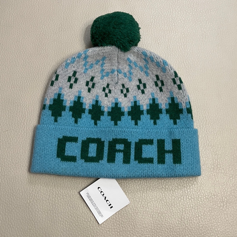 NWT - Coach Adult 100% Wool Classic Fair Isle Beanie with Pom Pom